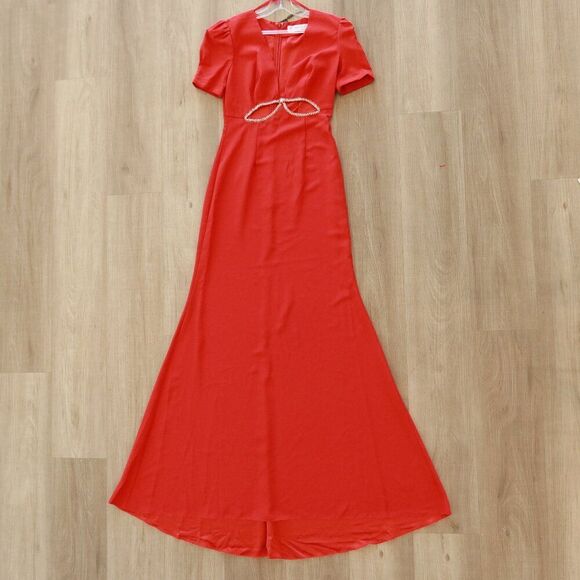 NWT MAC DUGGAL red cut out maxi dress plunge neck puff sleeve A2630 2 party form - Picture 2 of 12
